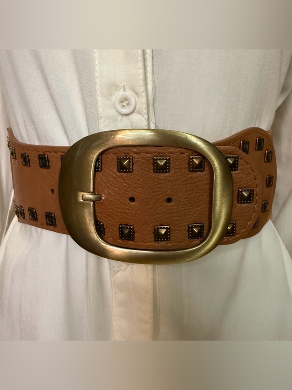 Brown PU studded leather elastic waistband belt